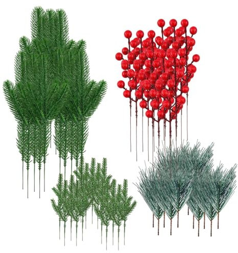 Nlrlo Albero di pino realistico, rami di abete rosso per alberi di Natale, stampa Vista, stelo decorativo realistico con bacche rosse, fotografie, per ghirlande, feste, ghirlande, festival