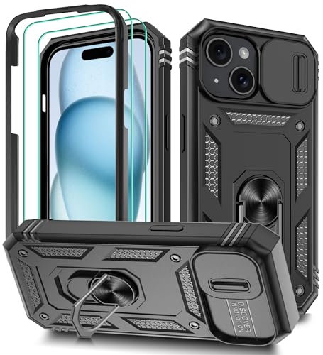 Pilaru 3 in 1 for iPhone 15 Case |With Front Frame| [2 Separate Screen Protectors] & Kickstand Ring & Camera Cover Military Grade Drop Shockproof Protection for iPhone 15 Phone,Black