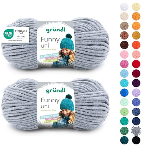 Gründl Wolle Funny uni - weiche Chenille Wolle zum Häkeln - Kuschelig und hautfreundlich - 100% Polyester - 2 Knäuel 100 g / 120 m - Nadelstärke 5-6, Hellgrau