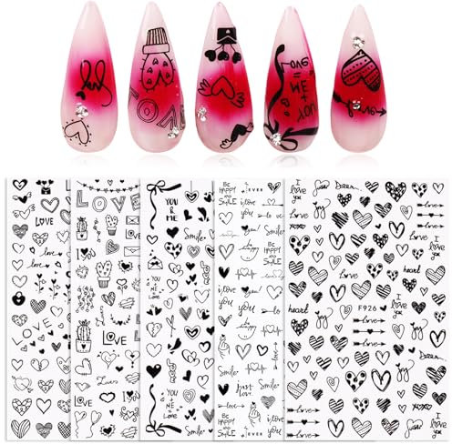 Kabwea Self Adhesive Nail Art Stickers, 5 Sheets Valentine's Day Theme Nail Stickers With Romantic Designs, Valentine Nail Stickers