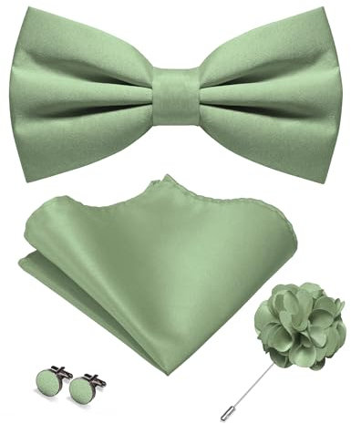 JEMYGINS Herren Matte Einfarbige Fliege mit Taschentuch Manschettenknöpfen und Ansteckblume Set Graugrün