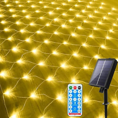 DINOWIN 96LED Solar Lichternetz 1,5x1,5M Lichterkette mit Fernbedienung 8 Modi IP65 Wasserdicht für Garten Weihnachten Hochzeit Party Dekoration Fenster Büsche Terrasse (Warmweiß)