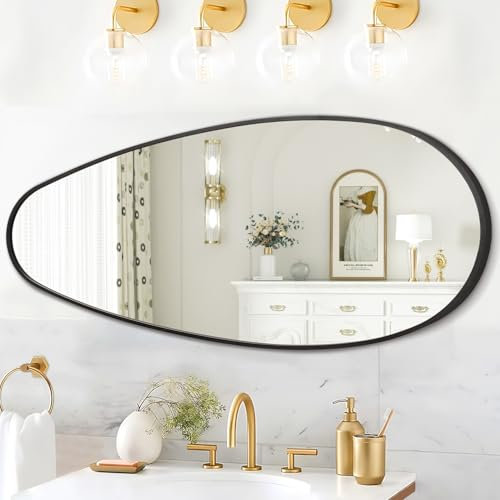 JJUUYOU Bathroom Wall Mirror Large Irregular Black Metal Framed Mirror 98×45 cm Asymmetrical Anti-Rust Tempered Glass Hangs Horizontally or Vertically Vanity Mirrors for Living Room Bedroom