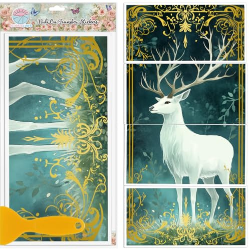 GLOBLELAND 4 Blatt Möbeltransfer Mit Gothic Hirsch 11.8x5.9Zoll Fantasy Wald Zum Aufreiben Vintage Bordüre UV Selbstklebende Aufkleber Wandkunst Basteln Für Möbel Zimmer Schreibtisch Tisch