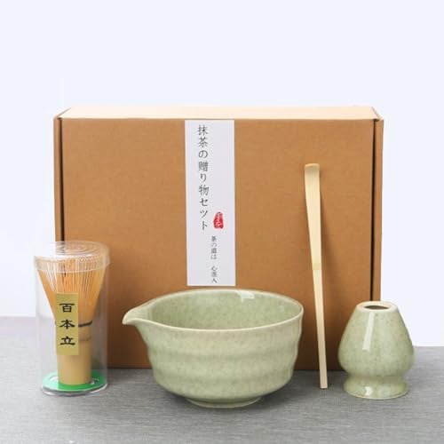 LIIGOU 4 Pièces Matcha Ceremonie Kit Style Japonais Matcha Set Comprend Bambou Fouet Matcha, Cuillere Matcha, Céramique Bol Matcha Coffret Matcha pour La Cérémonie du Thé (Vert)