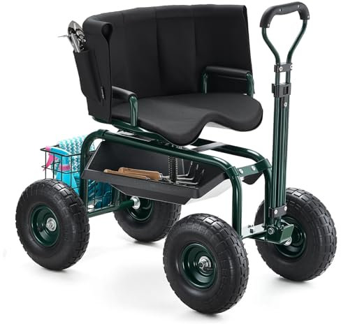VEVOR Mobiler Gartensitz 810x480x690/770 mm, Gartenrollsitz mit höhenverstellbarer & um 360° drehbarer Sitzfläche, Tragkraft 180 kg, Rückenlehne & Werkzeugaufbewahrung, für Garten, Hof, Terrasse