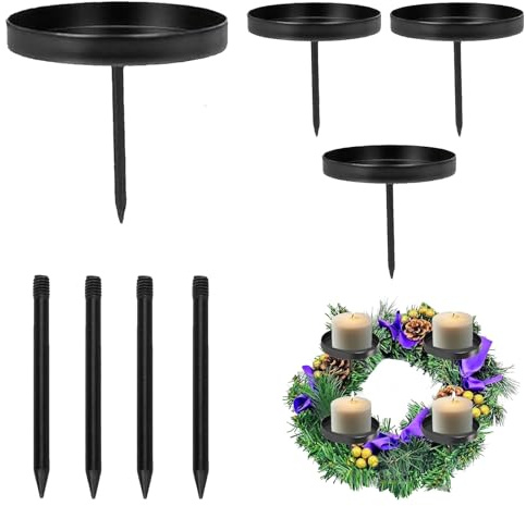 4 Stück Weihnachtskranz Kerzenständer, Adventskranz für Kerzenhalter, 8.5cm Diameter, Kerzenhalter Adventskranz Mit Schwarzen Stacheln, für Kerzen Weihnachten Deko Tischdeko(Schwarz)
