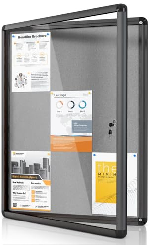 MAKELLO Tamperproof Lockable Notice Board 980x720mm, Grey Display Pinboard | 9xA4, Black Aluminum Frame, Lockable, Shatter Resistant, Wall-mounted, Felt Notice Board for Office, School, Home, Store, Gym