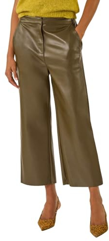 Roman Originals Faux Leather Wide Leg Crop Trousers for Women UK - Ladies Everyday Autumn Winter Comfy Soft Evening Vacation Work Party Night Out - Olive - Size 12