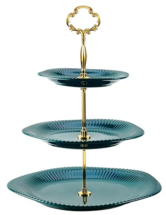 Keramwerk Etagere 3 Etagen, 3-stöckiger Keramik-Kuchenständer, gestufter Hochzeits-Dessert-Cupcake-Ständer für Teepartys, Essens-Servierer (Gold & grün)
