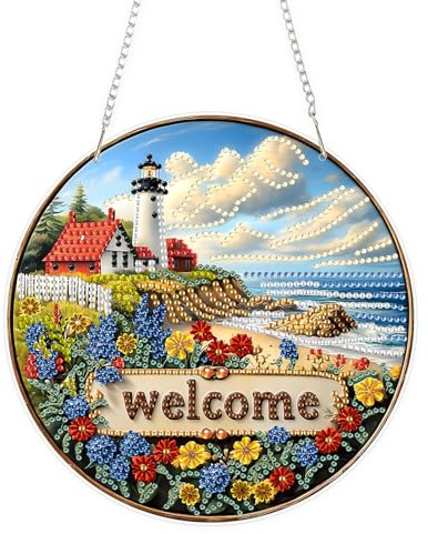 KEYIFA 5D Leuchtturm Willkommen Diamond Painting Fensterbilder Erwachsene, DIY Diamond Painting Beidseitig Anhänger, Hängende Art Window Pictures Kit für Wohndeko Gift 20x20cm