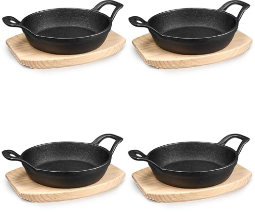 4er Set Kleine Gusseisenpfanne mit Holzsockel, 16cm Mini Gusseisen Servierpfanne mit 2 Griffen runde Gusseisenpfanne Pfanne für Induktion Ofen Backofen, Herd, Küche, Kochen, Braten