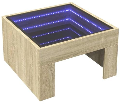 WGYHOME Couchtisch mit Infinity-Spiegel, Sonoma-Eiche, 50x50x30 cm, RGB-Beleuchtung, USB-Anschluss – für Wohnzimmer, Schlafzimmer & als Kaffeetisch
