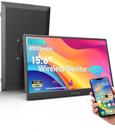 Iproda 2026 Monitor Portatile Wireless 4000 mAh 15,6 1080P | Portatile Monitore Senza fili WiFi Estensione Dello Schermo Laptop,Supporta AirPlay/Miracast,per Laptop/PC/Cellulare / PS3/4
