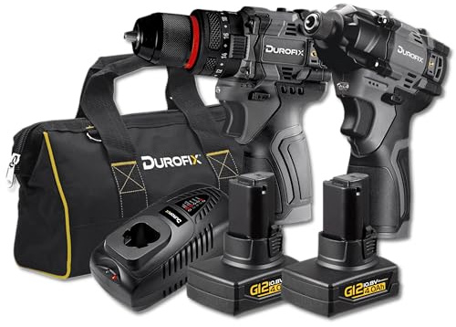 Durofix G12 Cordless Combi Drill and Sub-Compact Impact Driver Combo Kit with 2X 4.0Ah Batteries, Fast Charger, Canvas Bag, 50Nm Drill, 170Nm Impact Driver, LED Light - RK12136-K3G