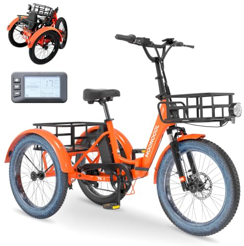 MOONCOOL Elektro Dreirad Erwachsene, Klappbar 20 E-Bike Fatbike mit Großen Körbe, Geschwindigkeit 25 km/h, 36V 20AH Akku & 250W Motor 45 Nm, 3 Fahrmodi E-Trike für Herren Damen