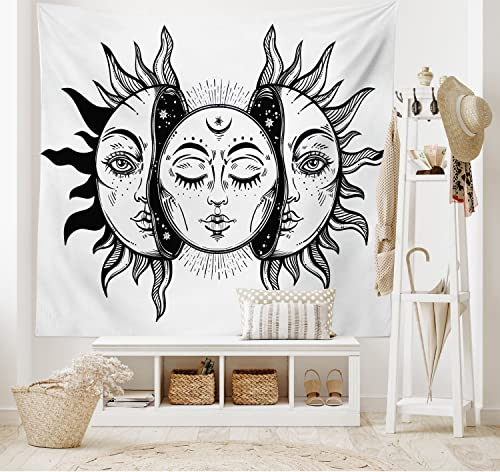 ABAKUHAUS Mond Wandteppich und Tagesdecke Monochrome Sonne und Mondaus Weiches Mikrofaser Stoff 230 x 140 cm Schmutz abweichend, Schwarz weiß