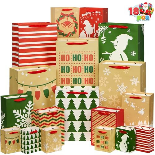 18er-Pack Premium-Geschenktüten für Weihnachten, sortiert, cremefarbene Kraft-Drucke für Weihnachtsge, Schulklassenzimmer, Party-Dekoration, Weihnachtsge-Dekoration