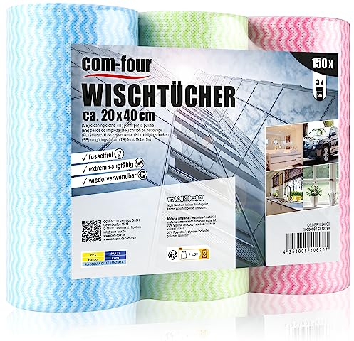 com-four® 150x Putztücher auf Rolle - Reinigungstücher für Küche, Bad und Haushalt - Mehrzweck-Lappen in DREI Farben - Putzlappen (0150 Blatt - 20x40cm - 3 Farben)