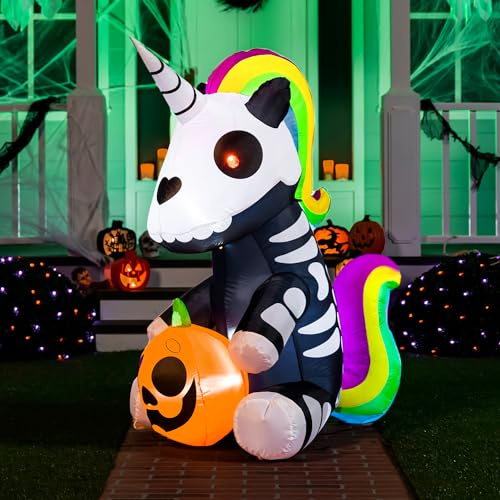 Joiedomi Aufblasbares Halloween-Skelett-Einhorn, 152 cm, aufblasbar, mit eingebauten LEDs, aufblasbar, für Halloween-Party, drinnen, draußen, Hof, Garten, Rasendekorationen