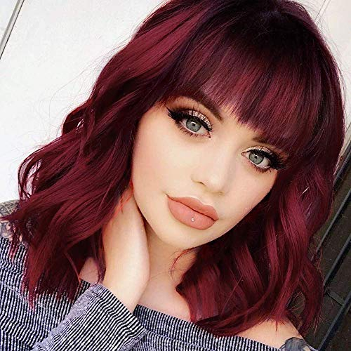 Colorfulpanda Perücke Rote Damen Kurze Bob mit Pony Locken Gewellte Natürliche Haar Hitzebeständige Faser Perücken für Frauen Cosplay Perücke Kostüm Party 14 Zoll