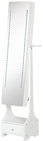 HOMCOM LED Schmuckschrank 2 in 1 Schmuckregal Spiegelschrank mit Schublade MDF Weiß 37 x 30 x 158 cm