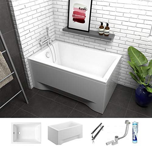 ECOLAM® Badewanne Capri Mini Polimat kleine Wanne Rechteck Acryl weiß 120x70 cm + Schürze Ablaufgarnitur Ab- und Überlauf Automatik Füße Silikon Komplett-Set