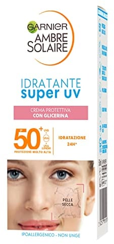 Garnier Feuchtigkeitsspendende Gesichtscreme Super UV, für trockene Haut, LSF 50+, schnell einziehend, mit Glycerin, Ambre Solaire 50 ml