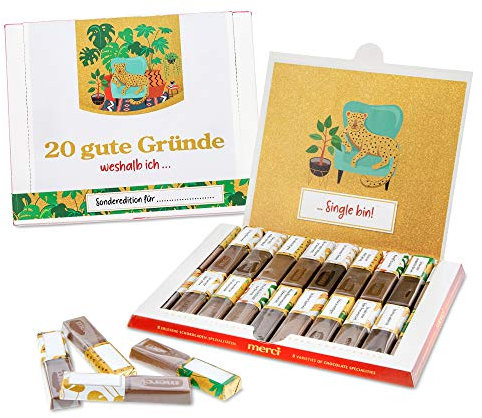 SURPRISA Aufkleberset für Merci-Schokolade: 20 gute Gründe fürs Single sein, kreatives Geschenk für Freund Freundin