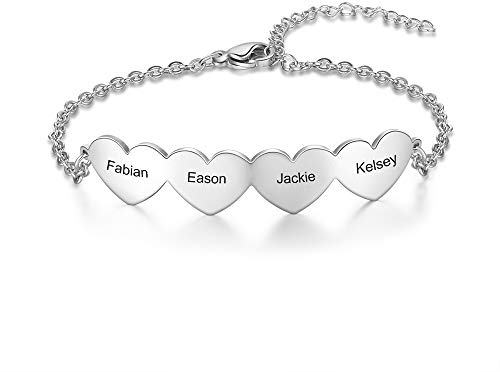 Lam Hub Fong Armband Frauen mit 2~5 Herzanhänger Personalisierte Damen Fußkettchen mit Namen Graviertes Armband Verstellbares Geschenk für BFF Mädchen Dame Frau Mama (4 Herzanhänger)