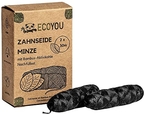 EcoYou Ricarica Filo Interdentale Biodegradabile in Bambù con Carbone Attivo, Filo Interdentale Cerato Bio e Vegano in Imballaggio Senza Plastica 2 pz. da 30 mt Gusto Menta