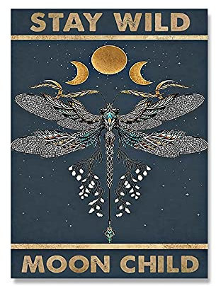 Mond Kind Leinwand Wandkunst Libelle und Mond Leinwand Poster Wandkunst Vintage Yoga Meditation Leinwand Kunstdruck Mond Kind Poster Hexe & Mond Druck für Wohnzimmer Dekor Kunstdruck Poster Gerahmt