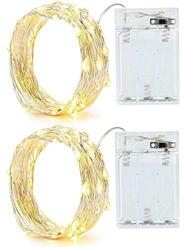 Annefly 2PACK 2m Lichterkette mit Timer 20 LEDs kleine Batterie wasserdicht batteriebetrieben Innen für Party, Weihnachten, Halloween, Hochzeit, tolle Schlafzimmer Deko (Warmweiß) (2m 2p)