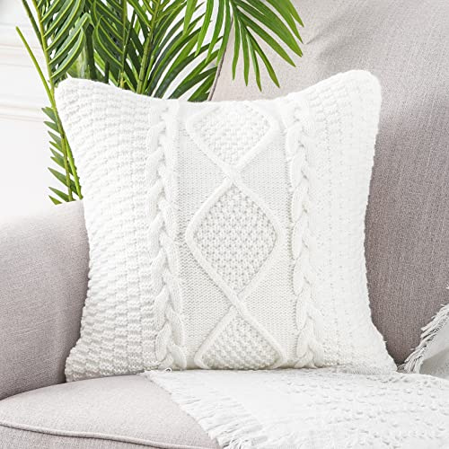 Mandioo Baumwolle gestrickte weiße dekorative Lumbar Wurf Kissenbezüge Weiche Gemütliche Kissenbezug Luxus Moderne Dekorativ Couchkissen Kissenhülle für Sofa Couch Wohnzimmer 40x40 cm