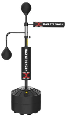 MAXSTRENGTH 3-in-1 Freistehender Boxsackständer mit 2 Speedbällen, 360° Relaxstange, PU-Wrapped Bag & Wasserbarer Basis, Höhenverstellbare Spinnstange für MMA Training (Schwarz)