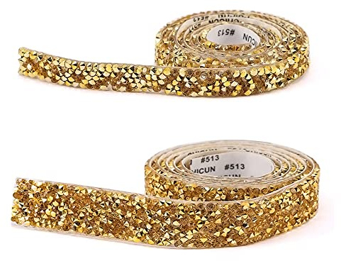 Crystal Rhinestone Ribbon,2 Rolls Self Adhesive Diamond Ribbons Glitter Resin Diamond Belt Rhinestone Diamante Stickers Gold Sprinkles Candy Cane Ribbons for Arts Crafts DIY Party Decor Cakes(2 Sizes)