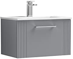 nuie DPF294B Deco Modern Bathroom Wall Hung 1 Drawer Part Fluted Vanity Basin Unit with Minimalist Ceramic Basin, 600mm, Satin Grey
