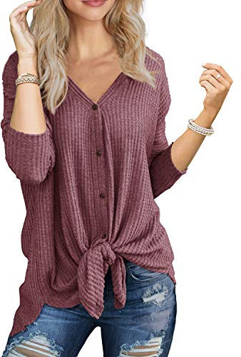 IWOLLENCE Women's Waffle Knit Tunic Knot Tie Blouse Long Sleeve Tops V-Neck Casual Loose Bat Wing Shirts (Rust Red, M)