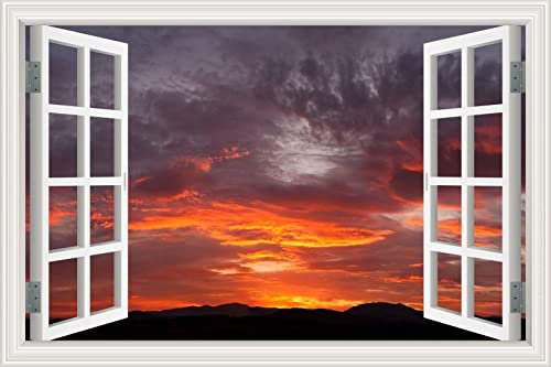 MUMUWUSG Vinyl 3D Wandaufkleber 120X80Cm Himmel Rot Natur Landschaft Fototapete Tapete Wanddeko 3D Effekt, Fototapeten Blick Durchs Fenster Illusion 3D Tapeten Wohnzimmer Schlafzimmer