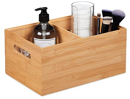 Relaxdays Aufbewahrungsbox Bambus, stapelbar, 2 Fächer, Bambuskiste ohne Deckel, HxBxT: 14x30x20 cm, mit Griffen, Natur