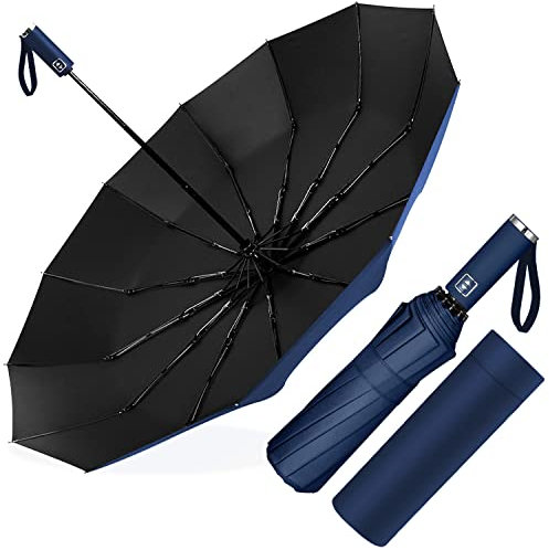Poligono Regenschirm Sturmfest, Taschenschirm Automatisch Auf und Zu für Herren und Damen, kompakt, 12 Knochenschirm Groß, Durchmesser 105 cm (Navy Blau)
