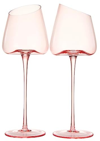 Khen Pink Wine Glasses, Gift | Set of 2 | Rose Blush Colored 18oz Slanted Glassware, Tall Stemmed Glass, Gifts Wife, Girlfriend, Women, Birthday, Wedding, Mother's Day, Anniversary