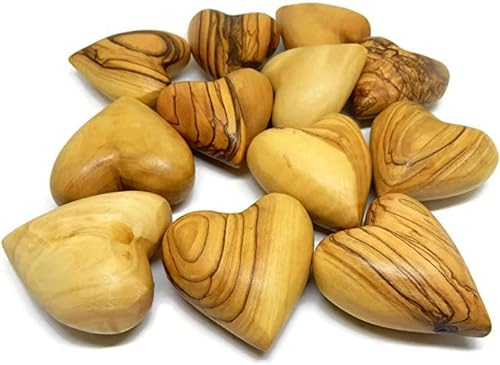 HolyRoses Pequeños corazones de madera de olivo | Adornos tallados sólidos para decoración de mesa | Embalado en bolsa de organza (12)