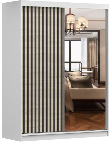 Fabryka Mebli Idźczak Kleiderschrank mit Spiegel, Lamellen, Schiebetüren - Schwebetürenschrank, Schlafzimmerschrank - 61 x 150 x 200 cm - Weißer Schrank für Schlafzimmer, Garderobe