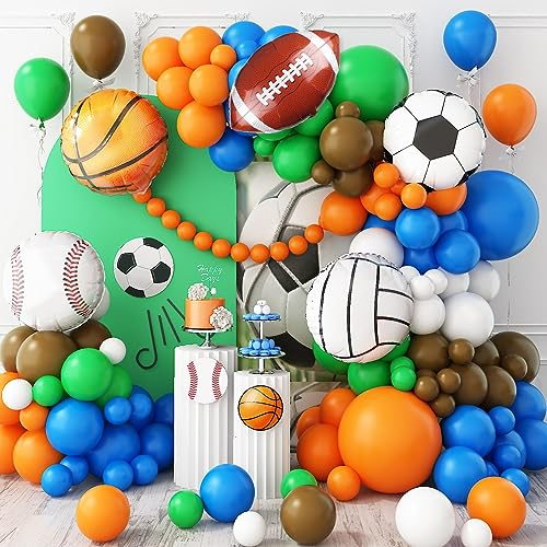 Jobkoo Sports Balloon Arch Kit, 115Pcs Baseball Soccer Basketball Football Foil Helium Balloon Blue Green Orange Brown Latex Balloon for Boys Sport Themed Birthday Party Decorations Supplies