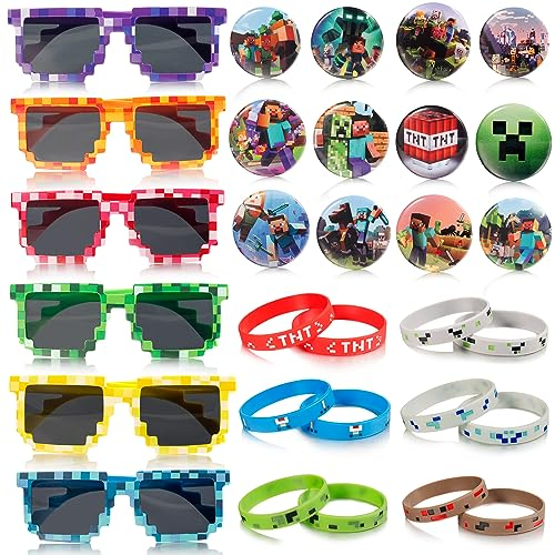 Powmag Kindergeburtstag Mitgebsel, 30pcs Party Deko Geburtstag, Geburtstagsdeko Spielzeug 12 Abzeichen, 12 Armbänder, 6 Brillenfür Jungen und Mädchen Party Favors Set