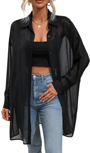 GORGLITTER Damer transparent blus meshskjorta button down lös topp lång chiffongblus skjortblus