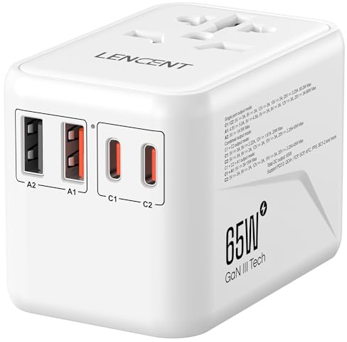 LENCENT Adaptador Enchufe Universal GAN III 65W, Adaptador Universal | con 2 QC4.0 USB-A+ 2 PD3.0 Tipo-C PPS Carga Rápida, Adaptador para iPhone,Samsung, Portátiles, USA/UK/EU/AUS, Blanco