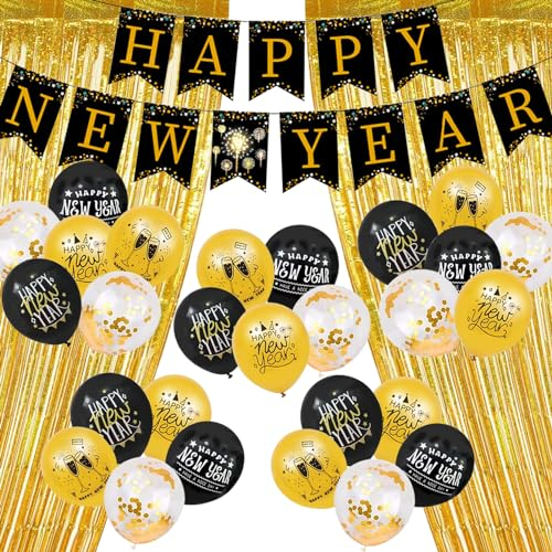 Silvester Deko 2025, Schwarz Gold Neujahr Deko 2025 Happy New Year Banner, 2025 Folienballon Konfetti Luftballons, Glitzer Vorhänge, 2025 Foto Requisite Party Dekoration Set für Silvesterdeko