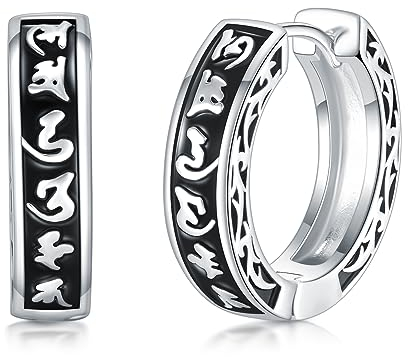Sanskrit-Creolen, schwarze Creolen für Männer und Frauen, 925er-Sterlingsilber, Creolen, buddhistischer Schmuck, Geschenk